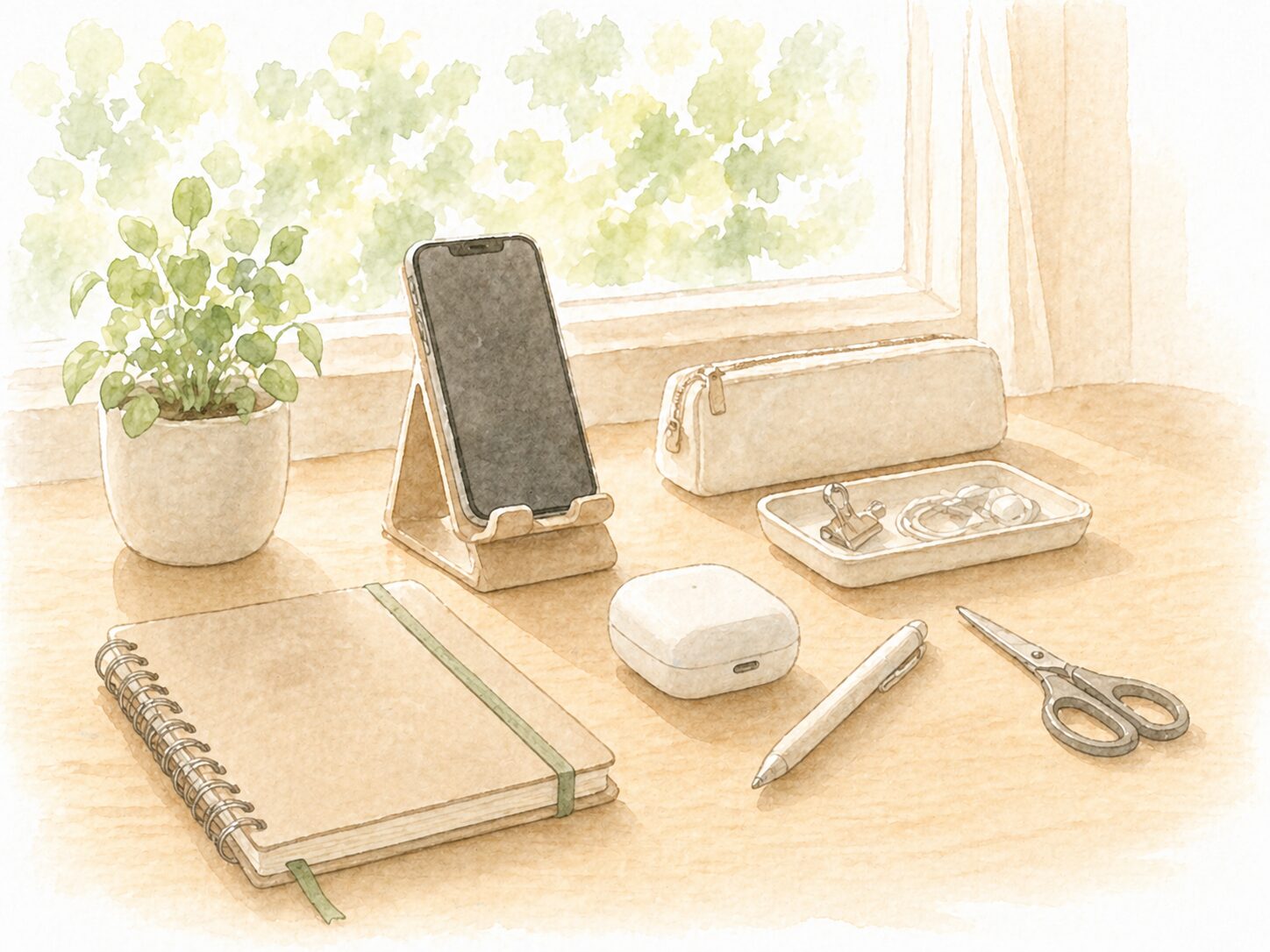 ノートとスマホ、文房具が置かれた明るい机のイラスト