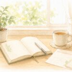 窓辺でノートとコーヒーを楽しむ穏やかな日常のイラスト