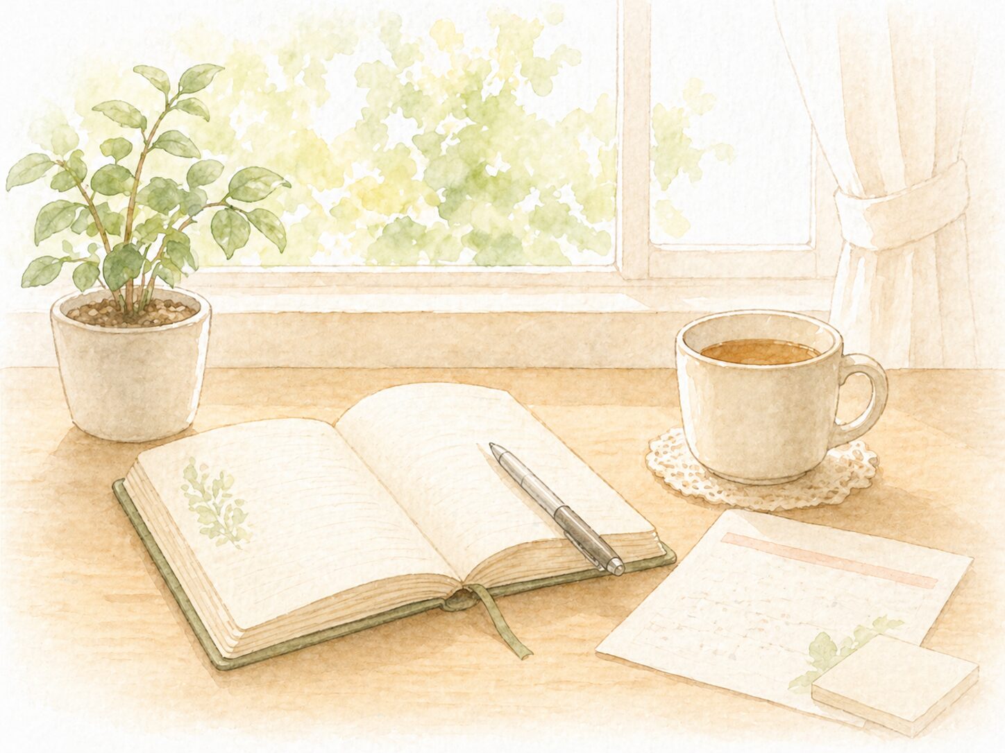 窓辺でノートとコーヒーを楽しむ穏やかな日常のイラスト