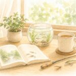 明るい窓辺に置かれた観葉植物と本とカップ