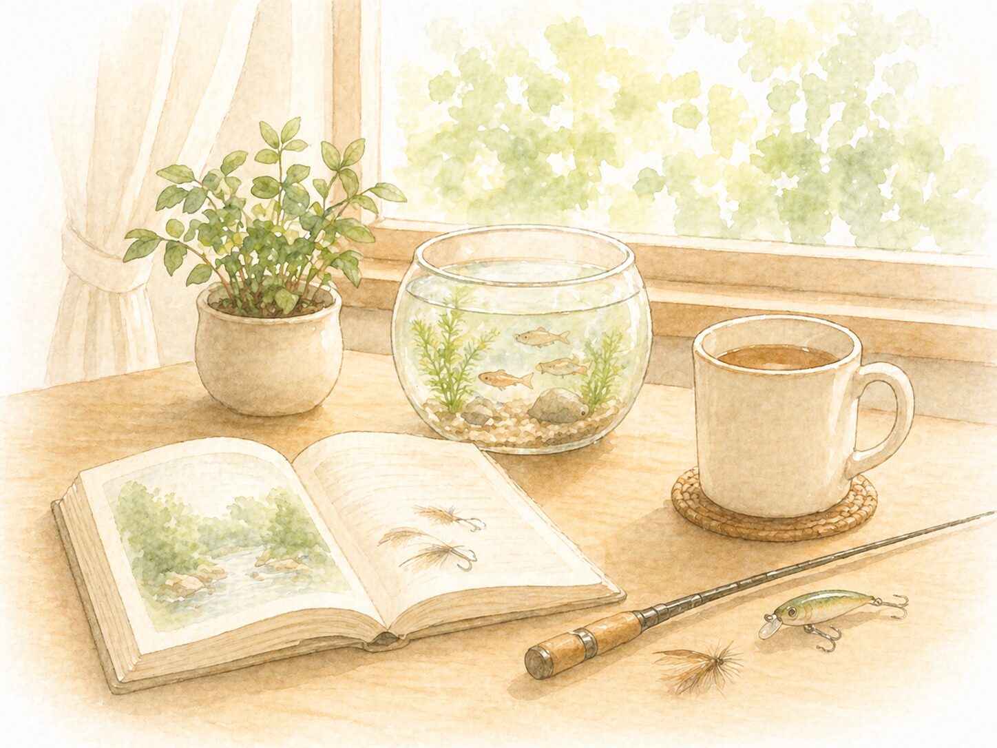 明るい窓辺に置かれた観葉植物と本とカップ